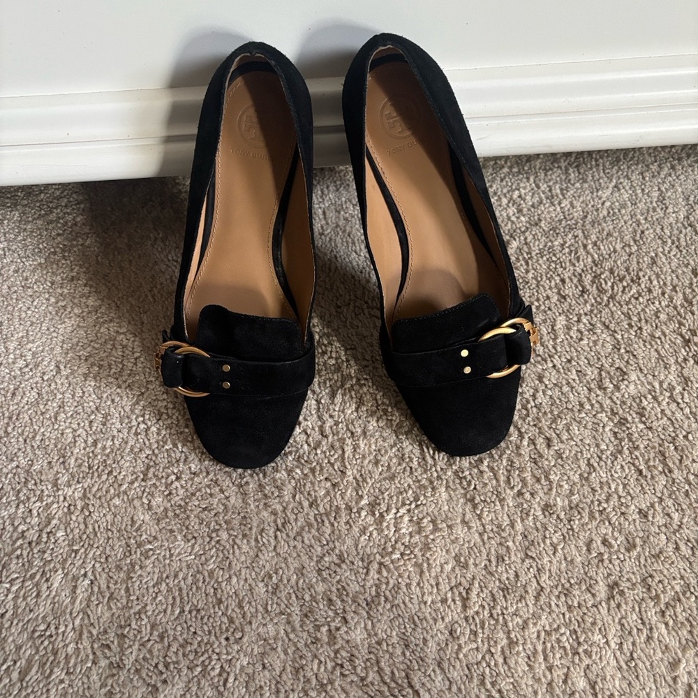 Tory Burch Marsden Black Suede loafers with Gold Buckle